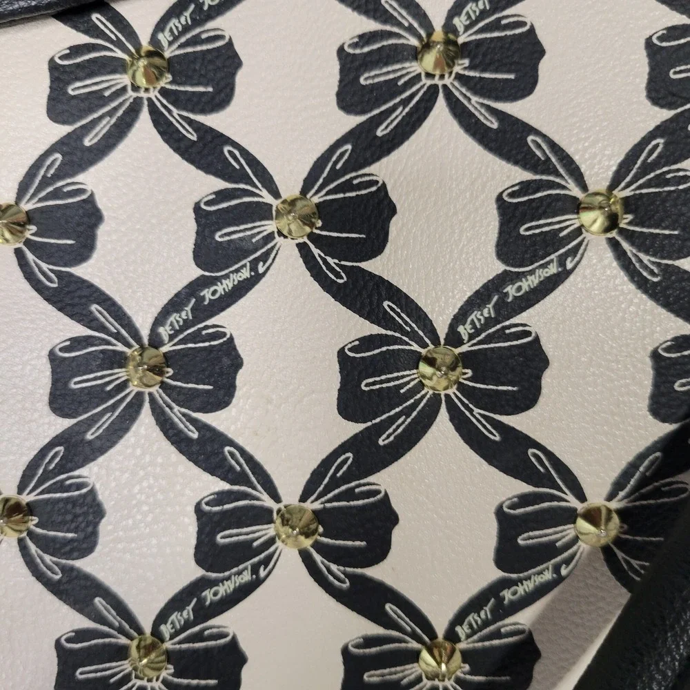 Betsey Johnson Bow Print Tote Bag Cream Black Gold Studded Large Shoulder Bag
